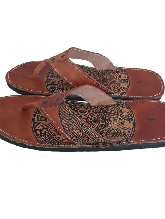 Hand Tooled Leather Harley Davidson Logo Sandals Men\'s 8 Brown Rare Aztec main image 9